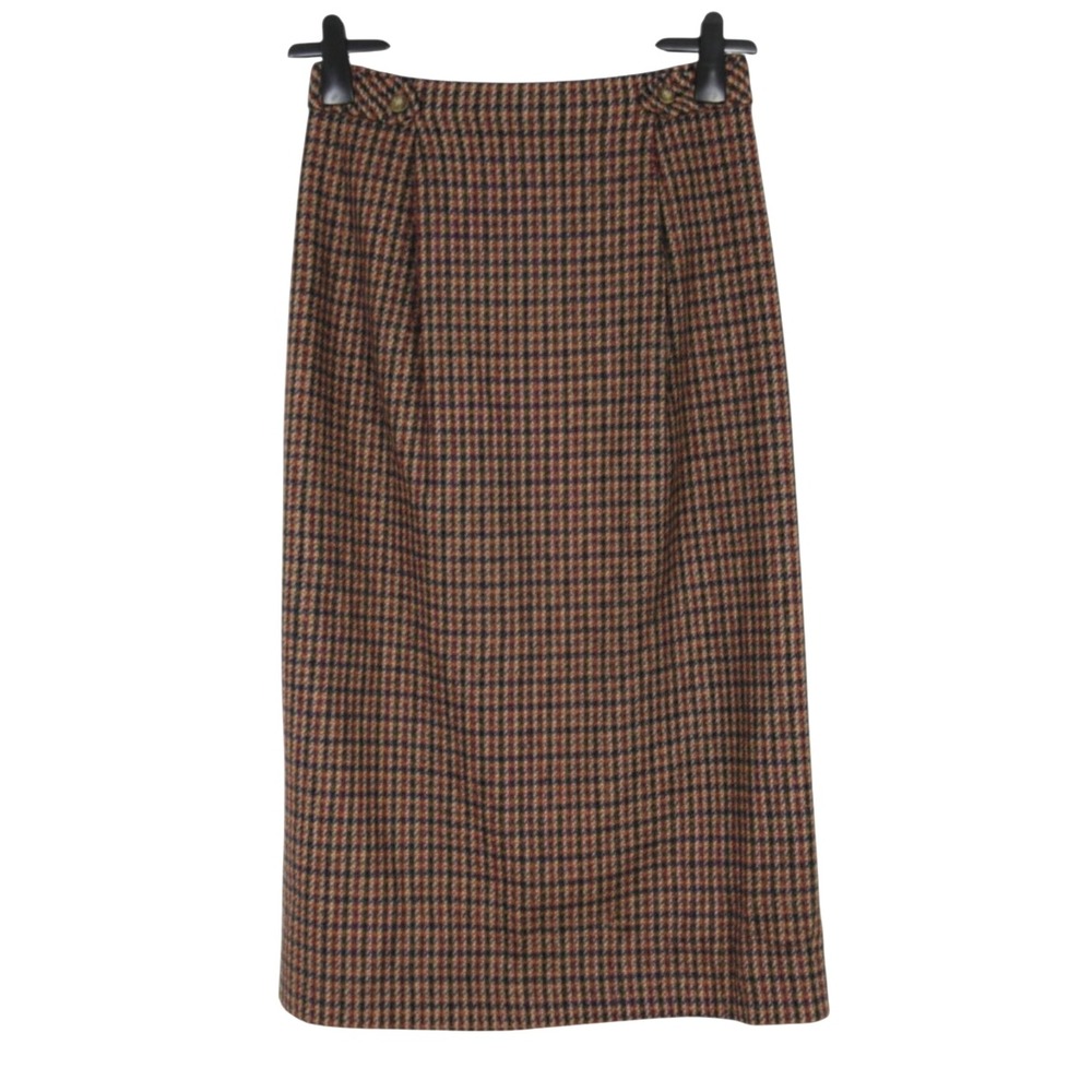 VTG EAGLE RIVER Brown/Multi HOUNDSTOOTH Wool PLEATED Zip STRAIGHT MIDI SKIRT 10